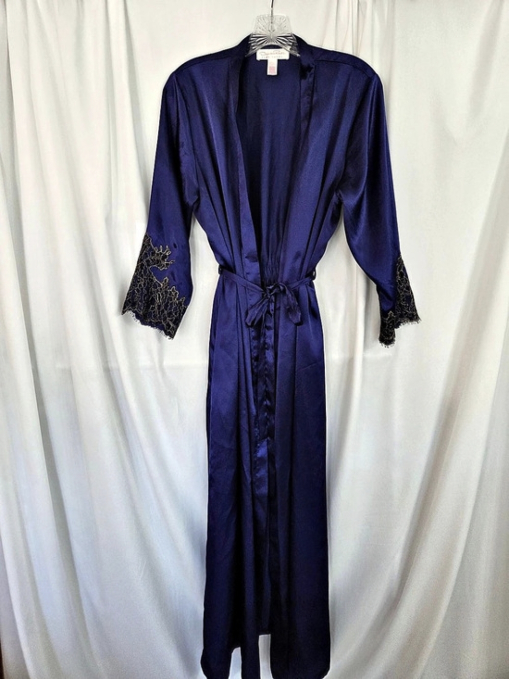 Osvar de le Renta Purple Satin Long Robe Black/Gold Lace Sleeve Ends Size L